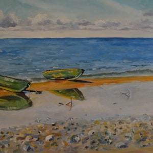 Pintura al óleo original de paisaje marino: Barcos verdes en la playa, 19,7 x 27,5