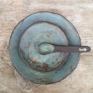 Rustic stoneware plate set, Handmade ceramic tableware, Farmhouse Kitchen Decor, Artisan Pottery Plates and Spoon, Earthy minimalist gift