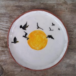 Handmade hand painted ceramic decorative plate with birds, Rustic plate, Original home decor, Modern Pottery, Original gift,Pottery art