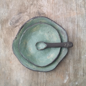 Rustic stoneware plate set, Handmade ceramic tableware, Farmhouse Kitchen Decor, Artisan Pottery Plates and Spoon, Earthy minimalist gift