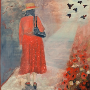 Woman in Red Oil Painting: Figurative Wall Art (15.7x15.7)