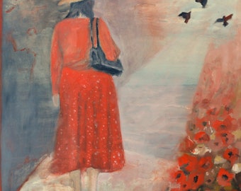 Mujer de rojo: pintura al óleo figurativa para pared (15,7 x 15,7)