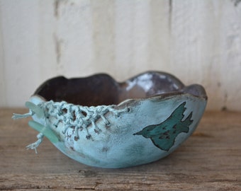 Handmade small ceramic bowl with birds, Black clay, Decorative bowl, Jewelry bowl, Mixed media, Original handmade home decor