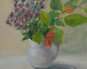 Original Floral Oil Painting: Still Life Flowers in Vase, 15.7"x15.7" Canvas Art