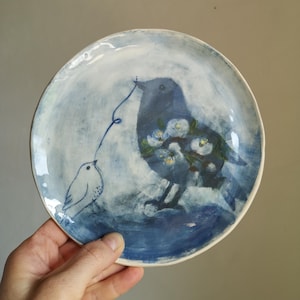 Handmade hand painted ceramic decorative plate with birds, Rustic plate, Original home decor, Modern Pottery, Original gift, Pottery art