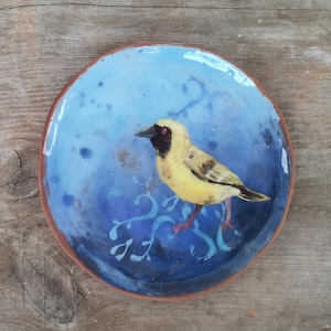 Handmade hand painted ceramic decorative plate with bird, Rustic plate, Original home decor, Modern Pottery, Original gift,Pottery art