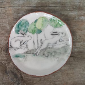 Hand-Painted Rabbit Ceramic Plate: Rustic Home Decor Art
