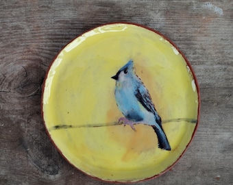 Handgemachte handbemalte dekorative Keramikplatte mit Vogel, rustikale Platte, Original Wohnkultur, moderne Keramik, Originalgeschenk, Keramikkunst
