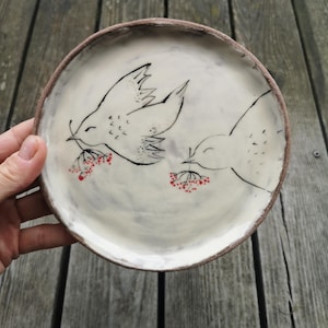 Handmade hand painted ceramic decorative plate with illustrated birds, Rustic plate, Original home decor, Modern Pottery, Original gift