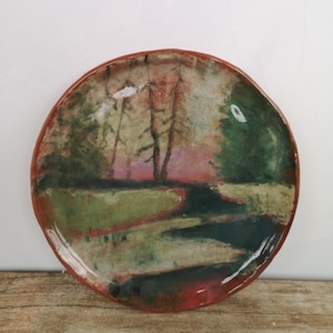 Hand-Painted Ceramic Landscape Plate: Rustic Pottery Art Decor