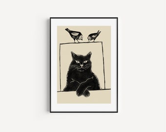 Black cat printable wall art, Cat illustration, Instant download, JPG files, Modern art, Printable art, Birds printable wall art