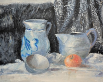 Naturaleza muerta original, pintura acrílica: Arte de cocina, lienzo de 30 x 39 cm