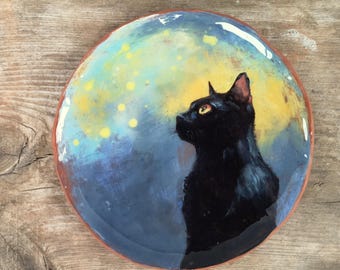 Handgemachte handbemalte dekorative Keramikplatte mit schwarzer Katze, rustikale Platte, Original Wohnkultur, moderne Keramik, originelles Geschenk, Keramikkunst