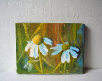 Small Oil Painting. Flowers Painting. Abstract flowers art. Wall art. Canvas painting. Daisies painting. Daily Painting. Gift for her.