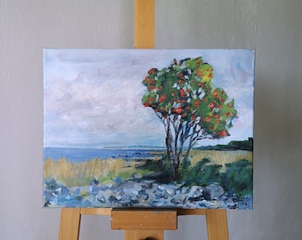 Original Seascape Acrylic Painting: Coastal Tree Landscape Wall Art
