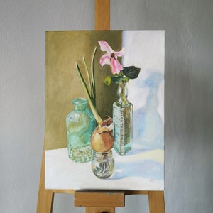 Still Life Painting, Kitchen Wall Decor, Original Artwork, Oil Painting Original, Canvas Wall Art, Spring onion painting, Glasses painting