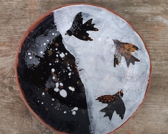 Handmade Ceramic Bowl: Rustic Pottery Art with Bird Motifs