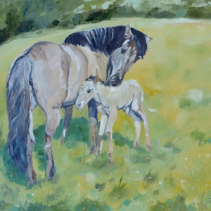 Original Oil Painting: Horse with Foal Portrait, Animal Art