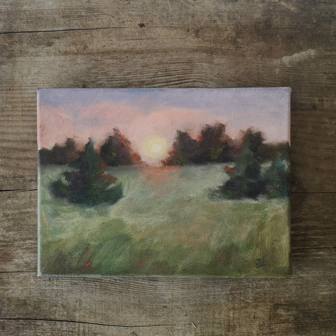 Original Sunset Landscape Oil Painting on Canvas (7x9.4) - Etsy