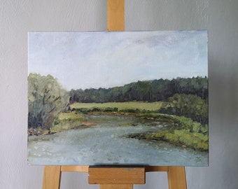 Origineel rivierolieverfschilderij: hedendaagse landschapskunst (11,8 x 15,7 inch)