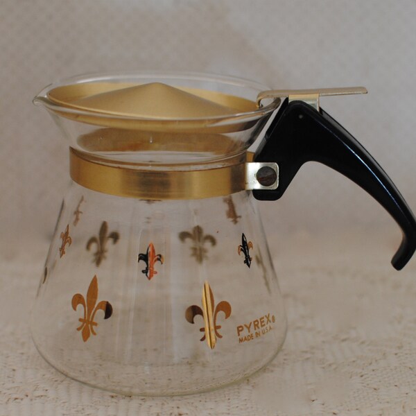 Small vintage Pyrex coffee pot with gold flour de lis accents