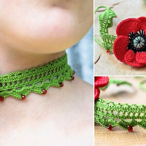 Puede incluir: Un collar gargantilla de crochet verde con cuentas rojas y una gran flor de amapola roja de crochet adjunta. El collar est&aacute; en el cuello de una modelo.