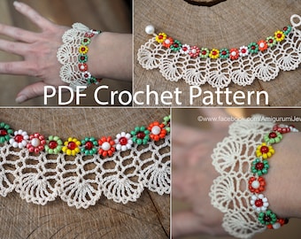 Patrón de pulsera de flores con cuentas de crochet: Joyas de encaje de primavera (Patrón PDF)