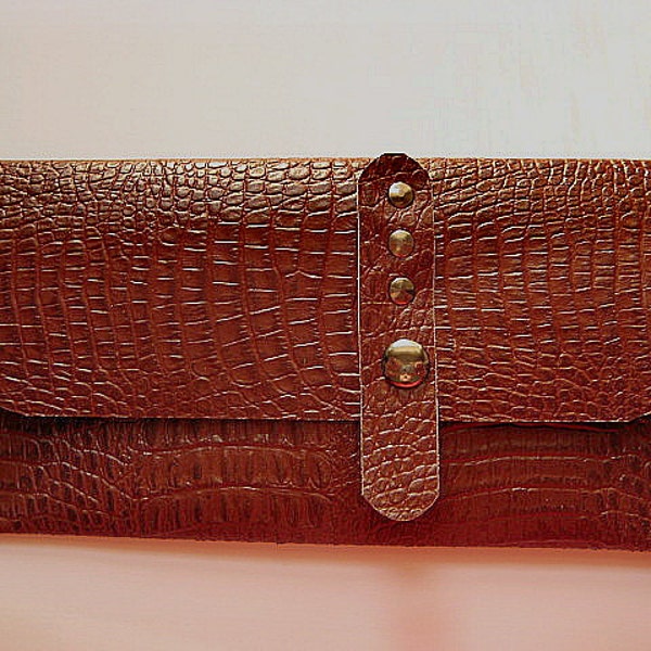 Brown Leather Clutch Medium Sized with Alligator Design