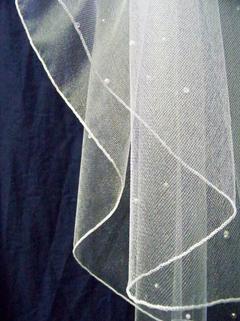 2 Layer Veil Elbow Length Finished Edge with Scattered Rhinestones and Pearls Along Edge only