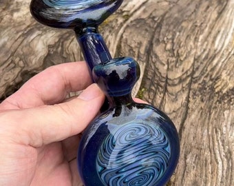 Heady Unique Sherlock Glass Pipe with 2 Flat-discs Reversal Wig-Wags and Sparkly Colors Purple, Blue and Oil-slick Green.