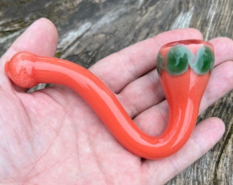 Unique Small Glass Sherlock Pipe | Coral Peach with Sparkle Green Filigree | Pocket-sized Dry Hand Pipe