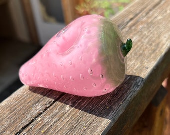 Pink Strawberry Glass Smoking Pipe Borosilicate Fruit Art Handblown to Order with Sparkle Green Top Small Cute Handpipe