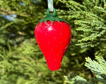 Handblown Strawberry Glass Christmas Ornament - Red Fruit Home Decor - Bright Handmade Tree Decoration
