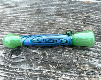 Handblown glass pipe Onie Bat-style Chillum with Sparkle Green, One of a Kind Pocket Pipe with Purple and Blue Spiral