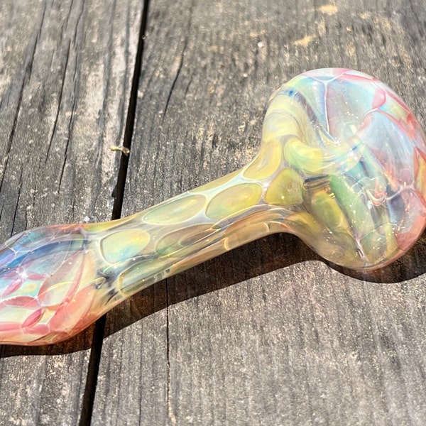 Glass Pipe - Color-change Fumed Glass Smoking Bowl - Spoon Style Pipe - Flower and Dot Design Iridescent Smoking Bowl - American Made