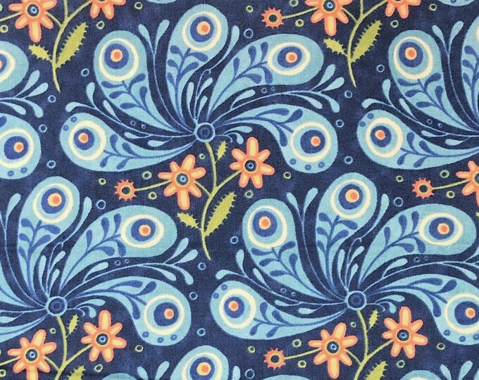 Azuli Pattern Quilt Julie Paschkis AZULI Collection Dark Blue Peacock Floral Fabric ...
