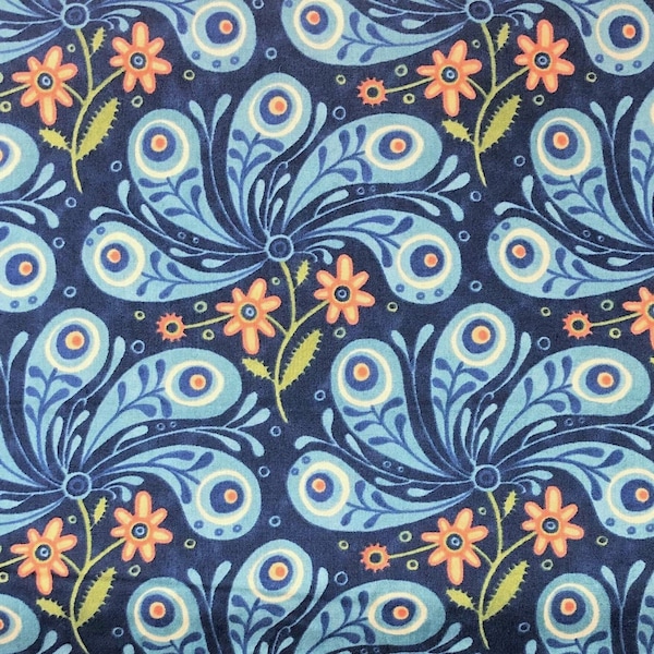 AZULI Collection Julie Paschkis Dark Blue Peacock Floral Coordinate Fabric - BTHY