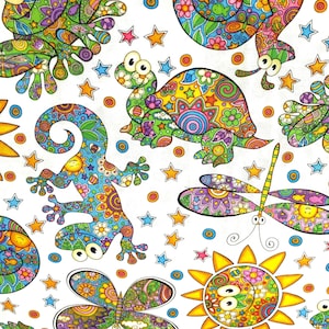 Puede incluir: Un fondo blanco con un patrón colorido y caprichoso de ranas, mariposas, caracoles y caras de sol. El patrón está formado por espirales, puntos y estrellas.