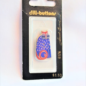 LAUREL BURCH BUTTON Rare Retired Enamel Blue Red Cat Button by Dill **Original Packaging