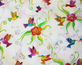 Laurel Burch Rare Oop FLYING COLORS II Hummingbirds on Cream Fabric - By The Half Yard