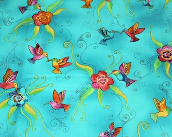 Laurel Burch Rare Oop FLYING COLORS II Hummingbirds on Teal Fabric - By The Half Yard
