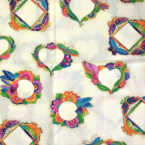 May include: White fabric with a repeating pattern of colorful hearts, squares, and circles. Each shape is outlined in black and filled with bright colors, including pink, blue, green, yellow, and orange. The shapes are decorated with butterflies, hummingbirds, and flowers.