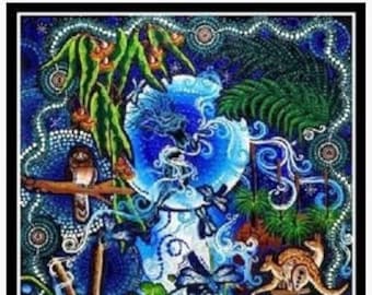 May include: A vibrant, colorful painting depicting a variety of Australian flora and fauna. The artwork features a blue sky, green trees, a waterhole, a kangaroo, a bird, and a sun with a dot painting design.
