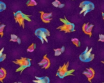 Laurel Burch FANTASTICATS Metallic Tossed Birds Fabric Purple - BTHY
