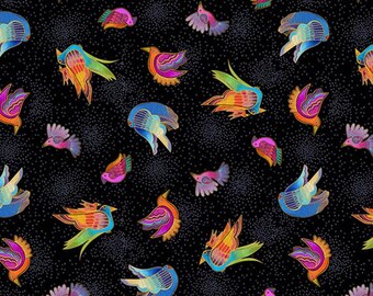 Laurel Burch FANTASTICATS Metallic Tossed Birds Fabric Black - BTHY