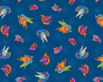 Laurel Burch FANTASTICATS Metallic Tossed Birds Fabric Blue - BTHY