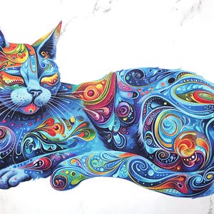 May include: A colorful illustration of a cat in a relaxed pose. The cat's fur is a vibrant mix of blues, oranges, yellows, and greens, with intricate swirling patterns. The cat's eyes are closed, and its tongue is slightly out.