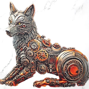 Op de afbeelding: Een gedetailleerde steampunk-stijl sculptuur van een wolf in zittende positie. De sculptuur bestaat uit ingewikkelde tandwielen, tandkransen en metalen componenten in tinten brons, koper en zilver. De ogen van de wolf gloeien met een warm geel licht.