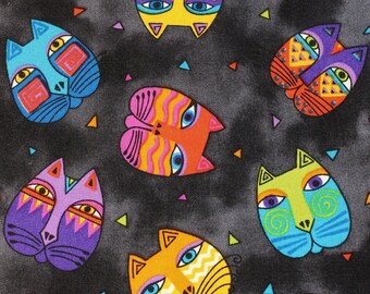 Laurel Burch FANTASTIC FELINES Black Tossed Cat Heads Quilt Fabric *Pre-washed - BTHY