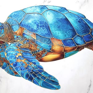 May include: A detailed illustration of a sea turtle with a mosaic-like pattern. The turtle's shell is a vibrant blue with hints of gold and brown. The design resembles stained glass, with intricate details.